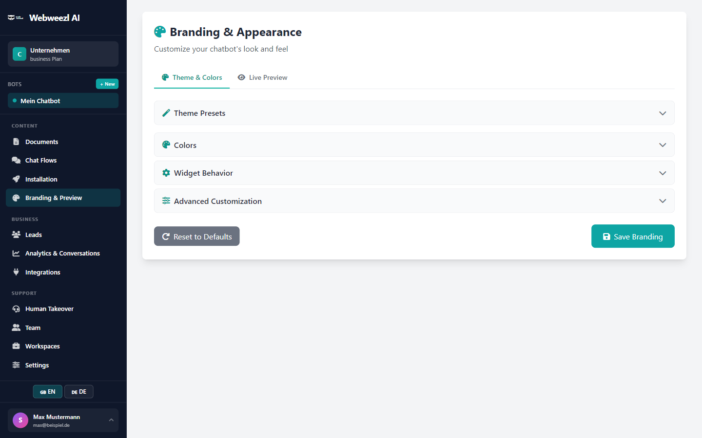 Webweezl AI &mdash; Branding & Anpassung